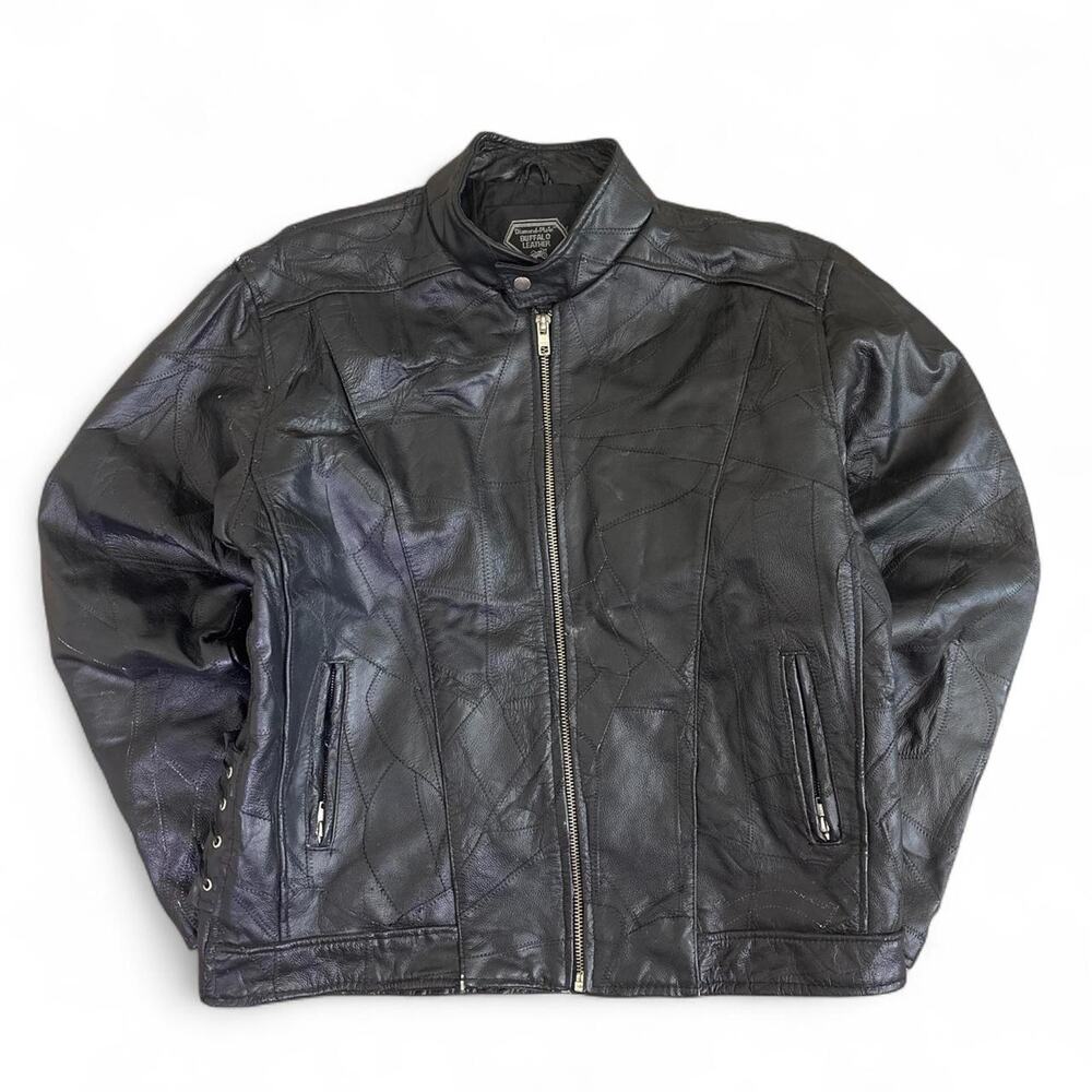 Diamond Plate Buffalo Leather Motorcycle Jacket Men’s L Black Biker Distressed